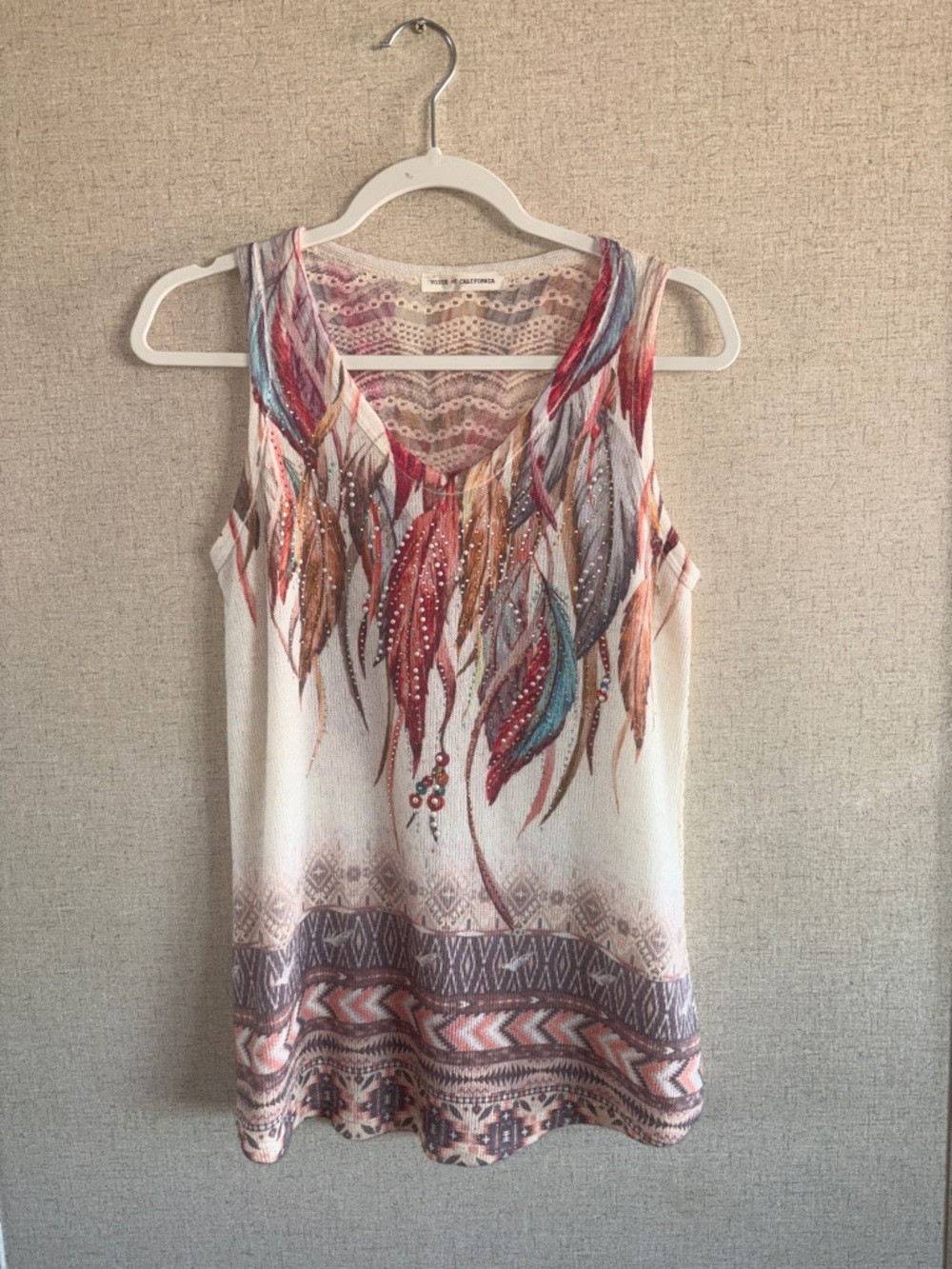 Voice of California Boho Feather Knit Top Embellished Lace Back Festival Western